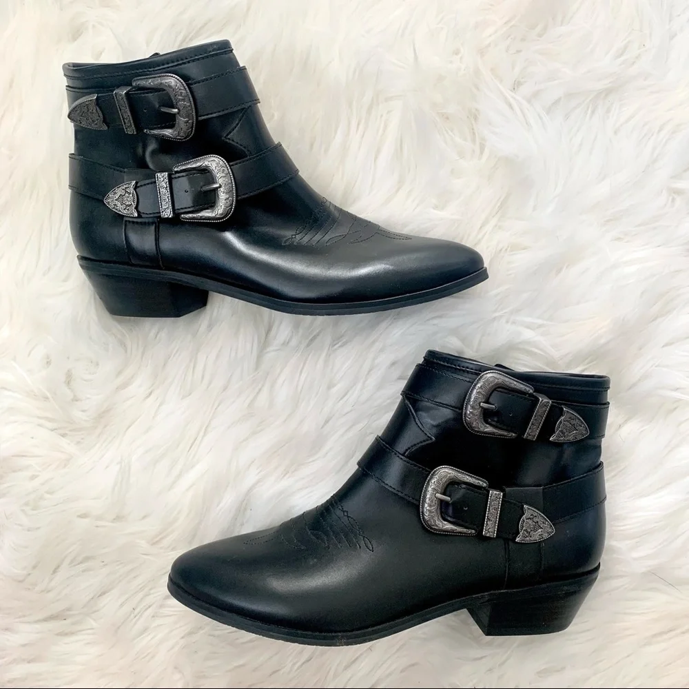 NEW ABOUND Western Ankle Boots with Buckle Black Vegan Leather Size 6.5